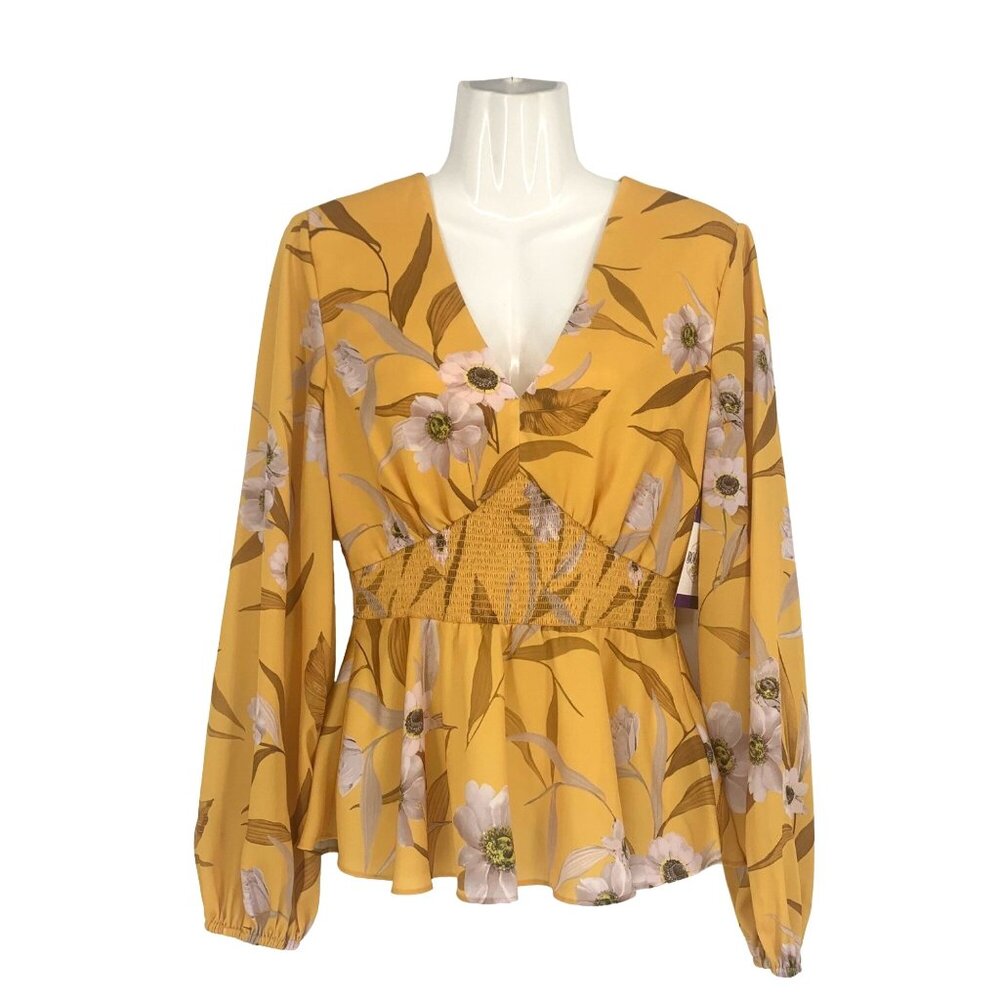 Ted Baker London Womens 2 Saniyah Cabana Smocked Waist Floral Blouse Yellow